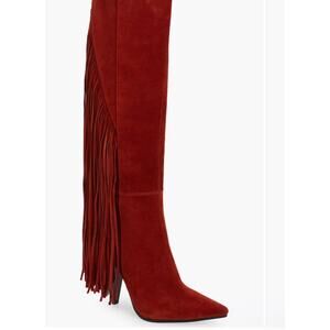 Jeffrey Campbell Galloping Knee High Fringe Boot in Rust Suede